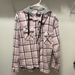 Pink Plaid Button-Up Hoodie